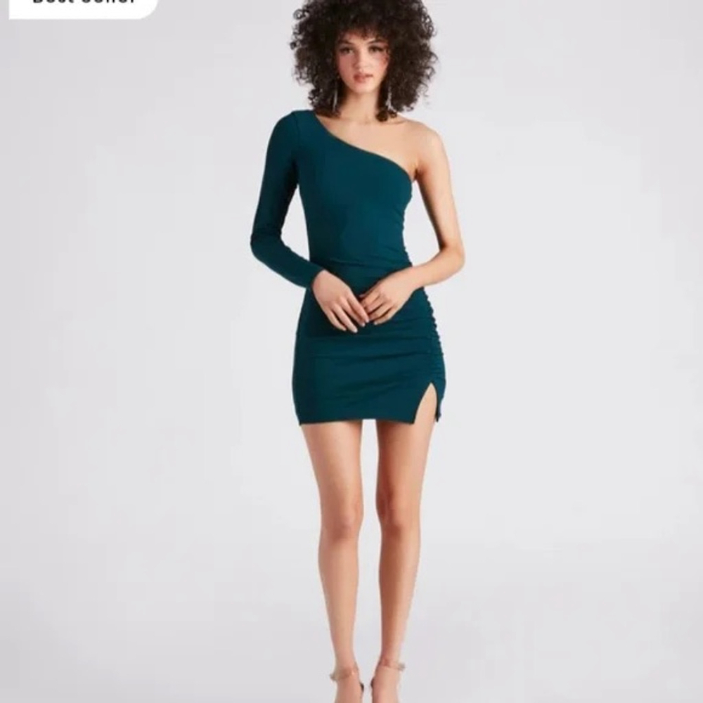 Windsor Teal Green One Shoulder Ruched Mini Dress XS